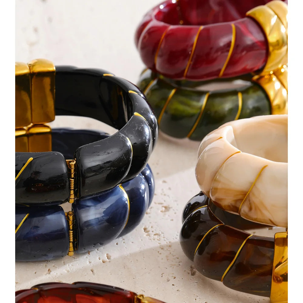 Yhpup Exklusives mehrfarbiges Acrylharz, breites Statement-Armband, Armreif, Edelstahl, Herbst-Winter-Pullover, Handgelenkschmuck