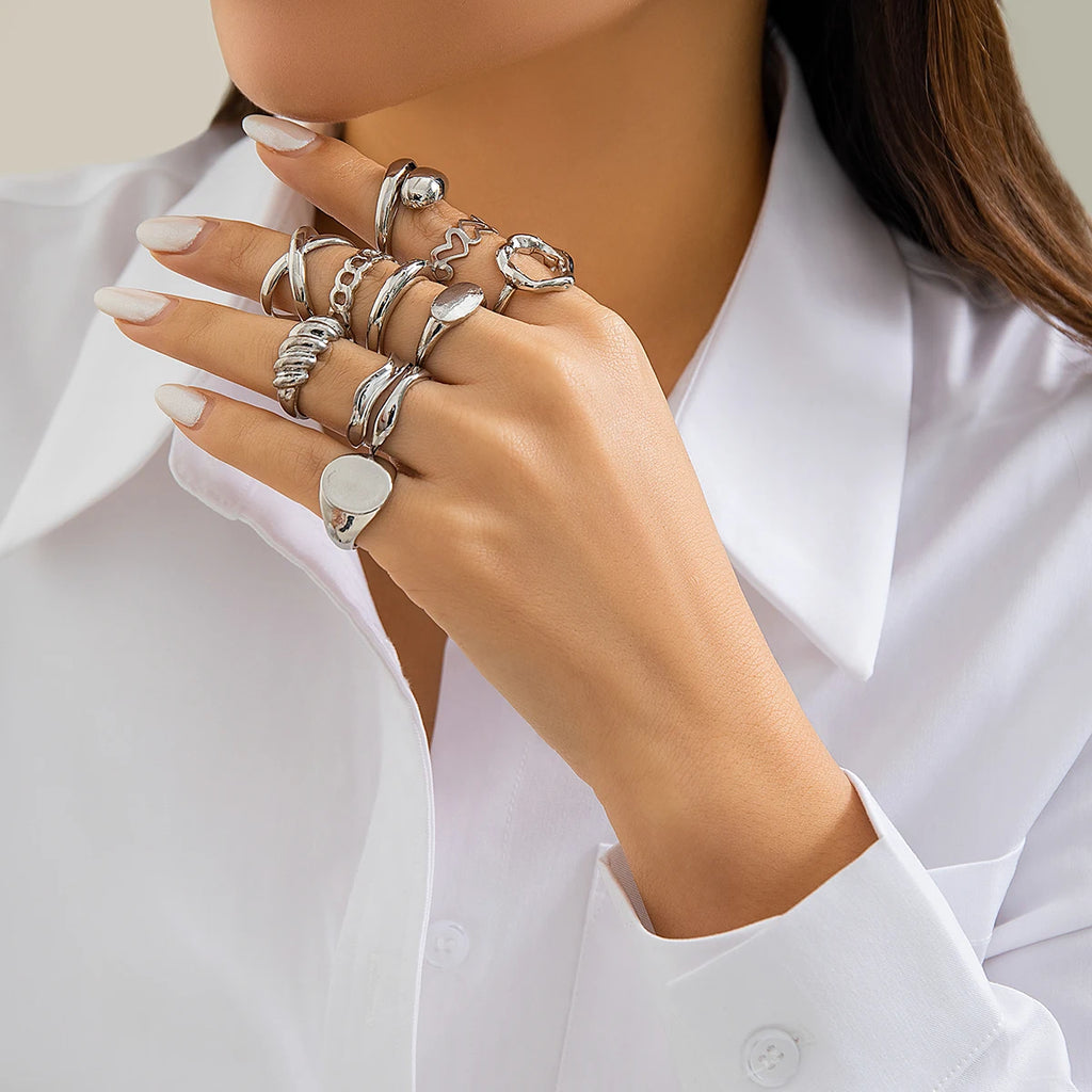 Salircon 10 Stück Bohemian Unregelmäßiger geometrischer Metallring Vintage Offener verstellbarer breiter Ring Damen Ästhetischer Bankettschmuck Geschenk
