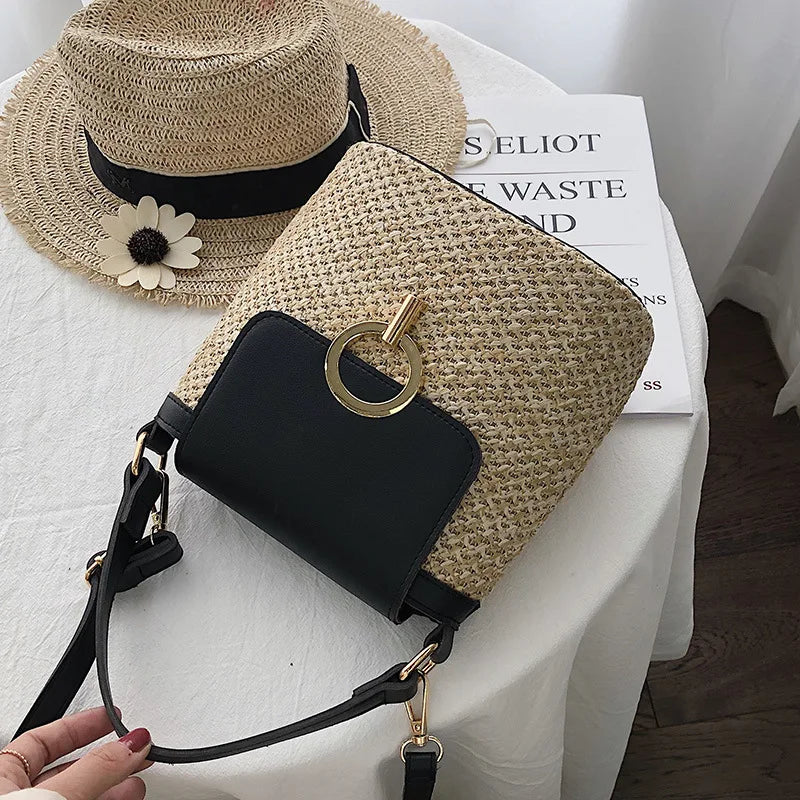 Strand Dame Reise Geldbörsen und Handtaschen Casual Ketten Stroh Eimer Taschen Frauen Sommer Umhängetasche Rattan Taschen Schulter Tasche Bolsa