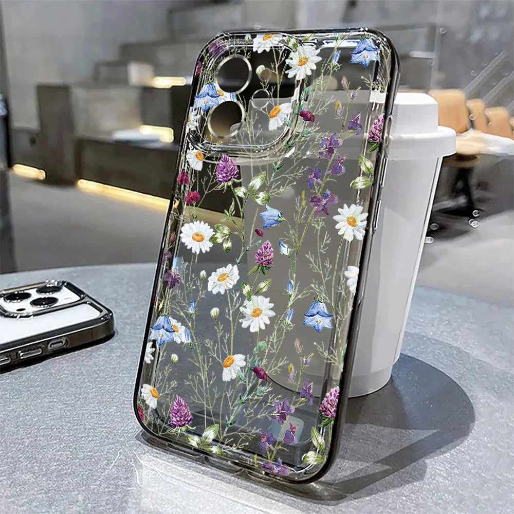 Blume Telefon Fall Für iPhone 16 Pro 13 15 11 12 14 17 Pro Max 16E XR 7 8 SE XS stoßfest Transparente Abdeckung Silikon Weiche Fundas