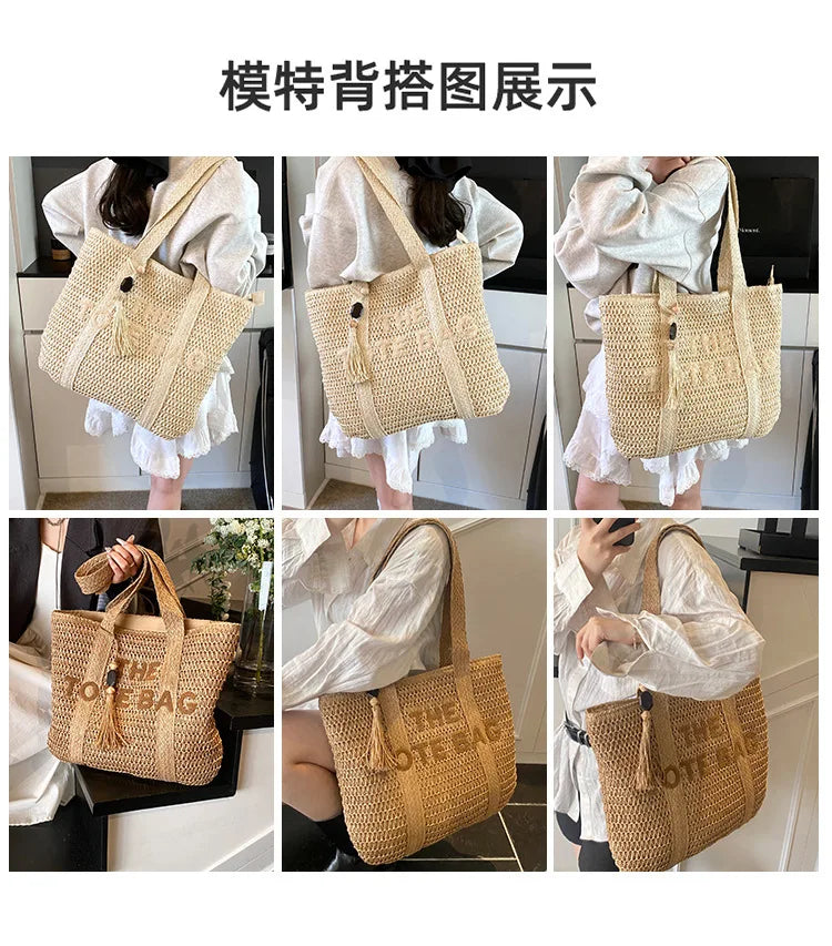 Französischer Stil, große Kapazität, gewebte Strohtasche für Damen, neue Strandurlaub-Umhängetasche, lässige Pendler-Einkaufstasche, Geldbörse