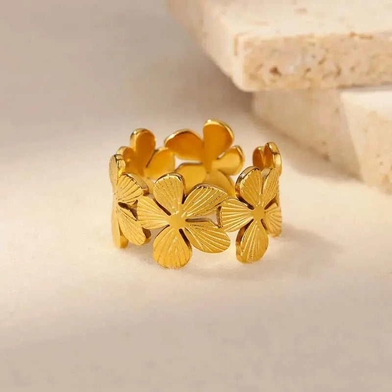 Elegante Edelstahl-Ringe mit großer Blüte für Frauen, 18 Karat Gold, PVD-beschichtet, offener Ring, Fingerschmuck, Hochzeit, ihr Geschenk, Punk