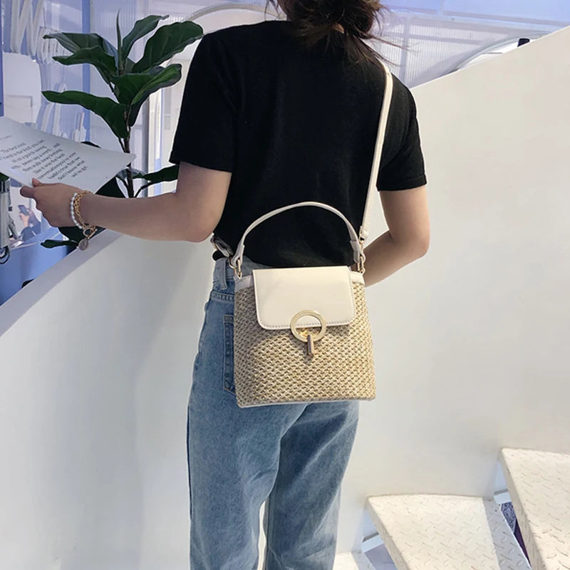 Strand Dame Reise Geldbörsen und Handtaschen Casual Ketten Stroh Eimer Taschen Frauen Sommer Umhängetasche Rattan Taschen Schulter Tasche Bolsa