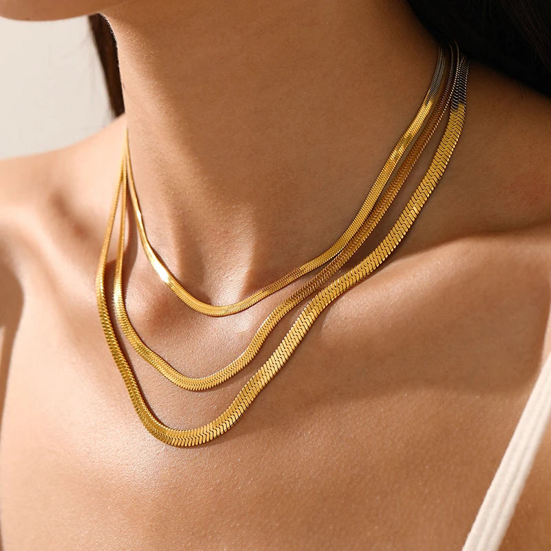 Heiße klassische Unisex flache Schlangenkette Halsband Halskette für Frauen Edelstahl Fischgrätenmuster Gold Silber Farbe Modeschmuck Geschenk