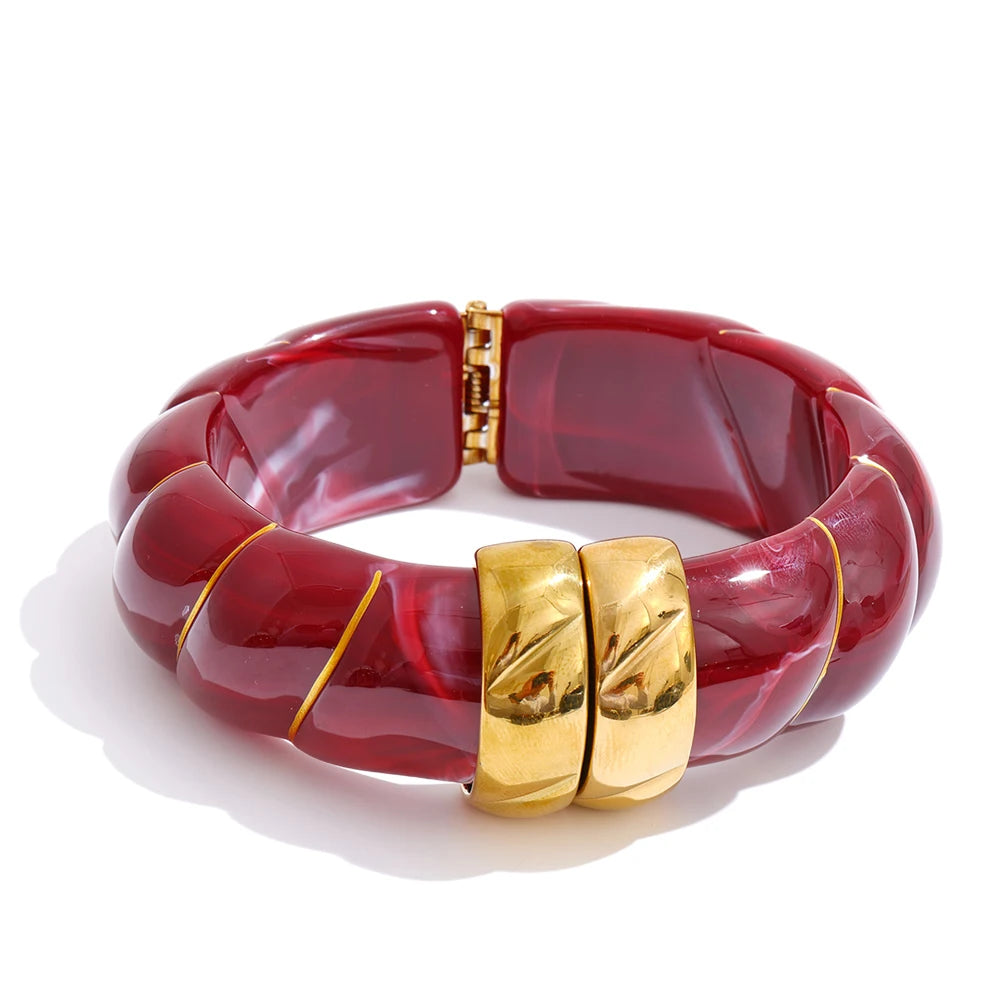 Yhpup Exklusives mehrfarbiges Acrylharz, breites Statement-Armband, Armreif, Edelstahl, Herbst-Winter-Pullover, Handgelenkschmuck
