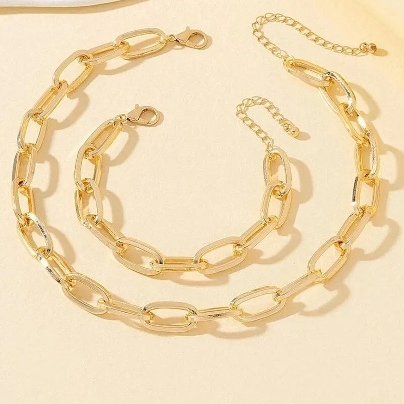 2-teiliges Set Goldfarbene Gliederkette Halskette Armband Set Punk-Armband Große Gliederkette Dubai Afrika Party Schmuckset Geschenk für Frauen
