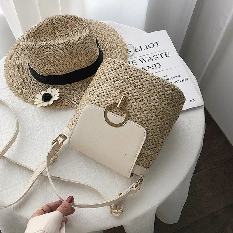 Strand Dame Reise Geldbörsen und Handtaschen Casual Ketten Stroh Eimer Taschen Frauen Sommer Umhängetasche Rattan Taschen Schulter Tasche Bolsa