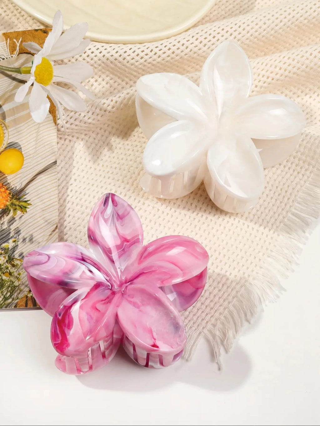 Hawaiianische Blumenkrallenklammern für Frauen, Blumen-Haarklammern mit Marmorader für dünnes Haar, süßer Strand-Haarschmuck