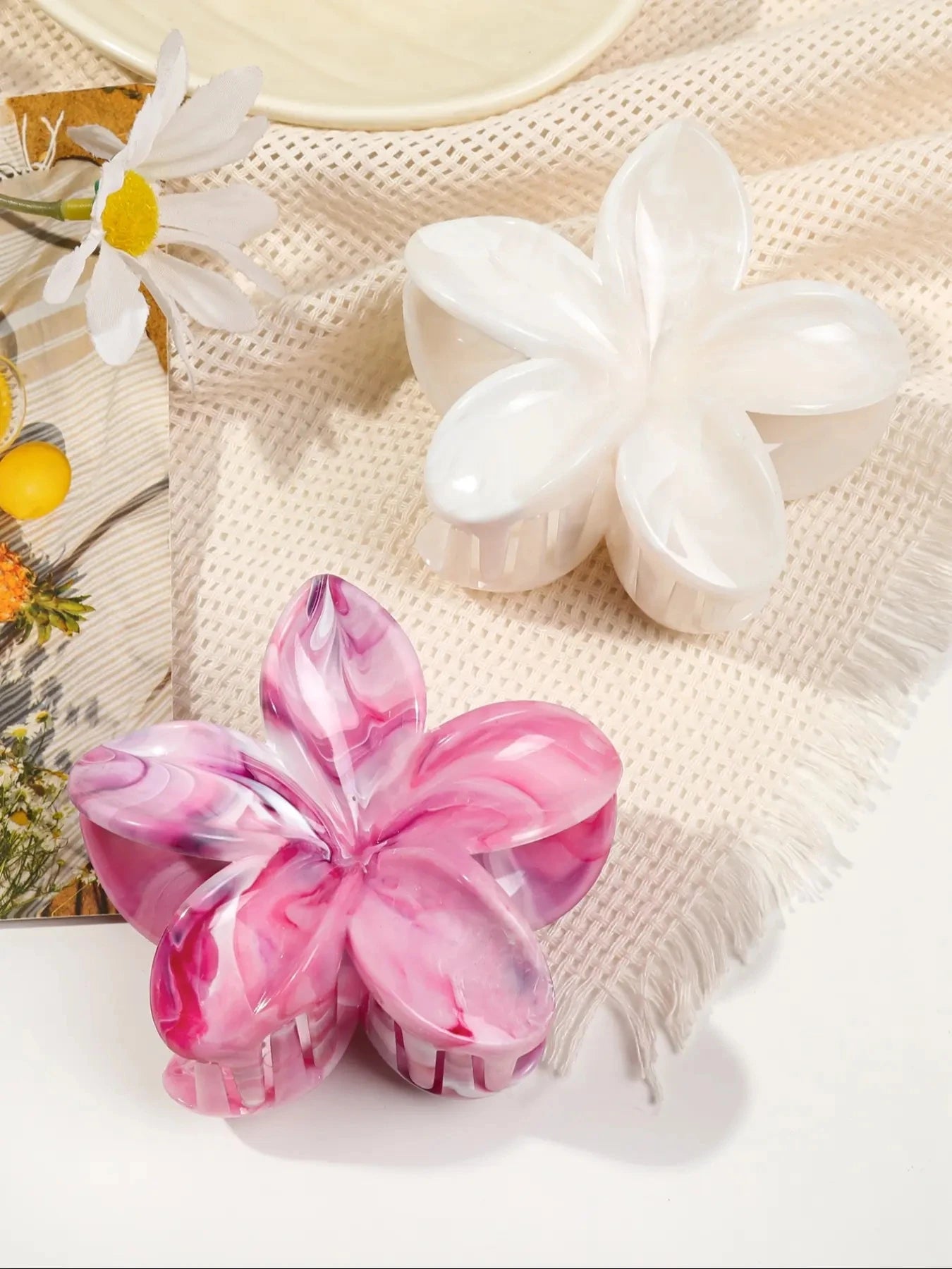 Hawaiianische Blumenkrallenklammern für Frauen, Blumen-Haarklammern mit Marmorader für dünnes Haar, süßer Strand-Haarschmuck