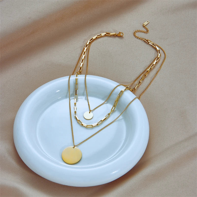 DIEYURO 316L Edelstahl Gold Farbe 3in1 Runde Anhänger Halskette Für Frauen Mode Mädchen Multilayer Kette Hals Schmuck Geschenk