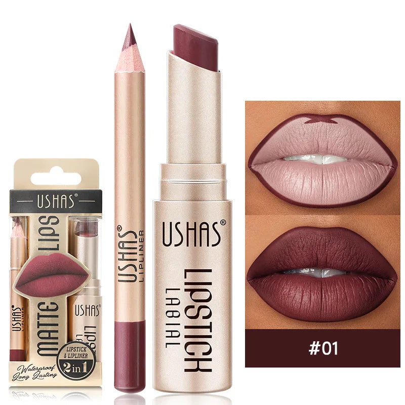 USHAS 12-Farben-Lipliner + Lippenstift-Set, leicht färbender, mattierter Lippenstift, langlebiger nackroter Lippenstift