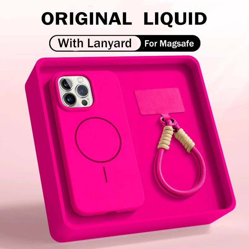 Offizielle Flüssigsilikon-Lanyard-Schutzhülle für iPhone 17, Air 16, 16E, 14, 15 Plus 12, 13, 11 Pro Max, für Magsafe Magneitc Soft Cover