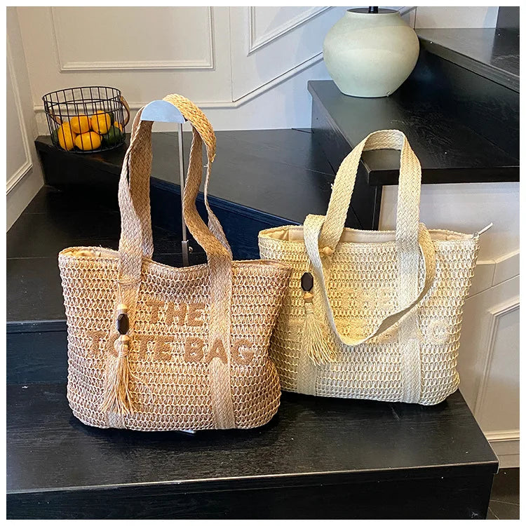 Französischer Stil, große Kapazität, gewebte Strohtasche für Damen, neue Strandurlaub-Umhängetasche, lässige Pendler-Einkaufstasche, Geldbörse