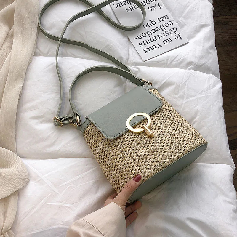 Strand Dame Reise Geldbörsen und Handtaschen Casual Ketten Stroh Eimer Taschen Frauen Sommer Umhängetasche Rattan Taschen Schulter Tasche Bolsa