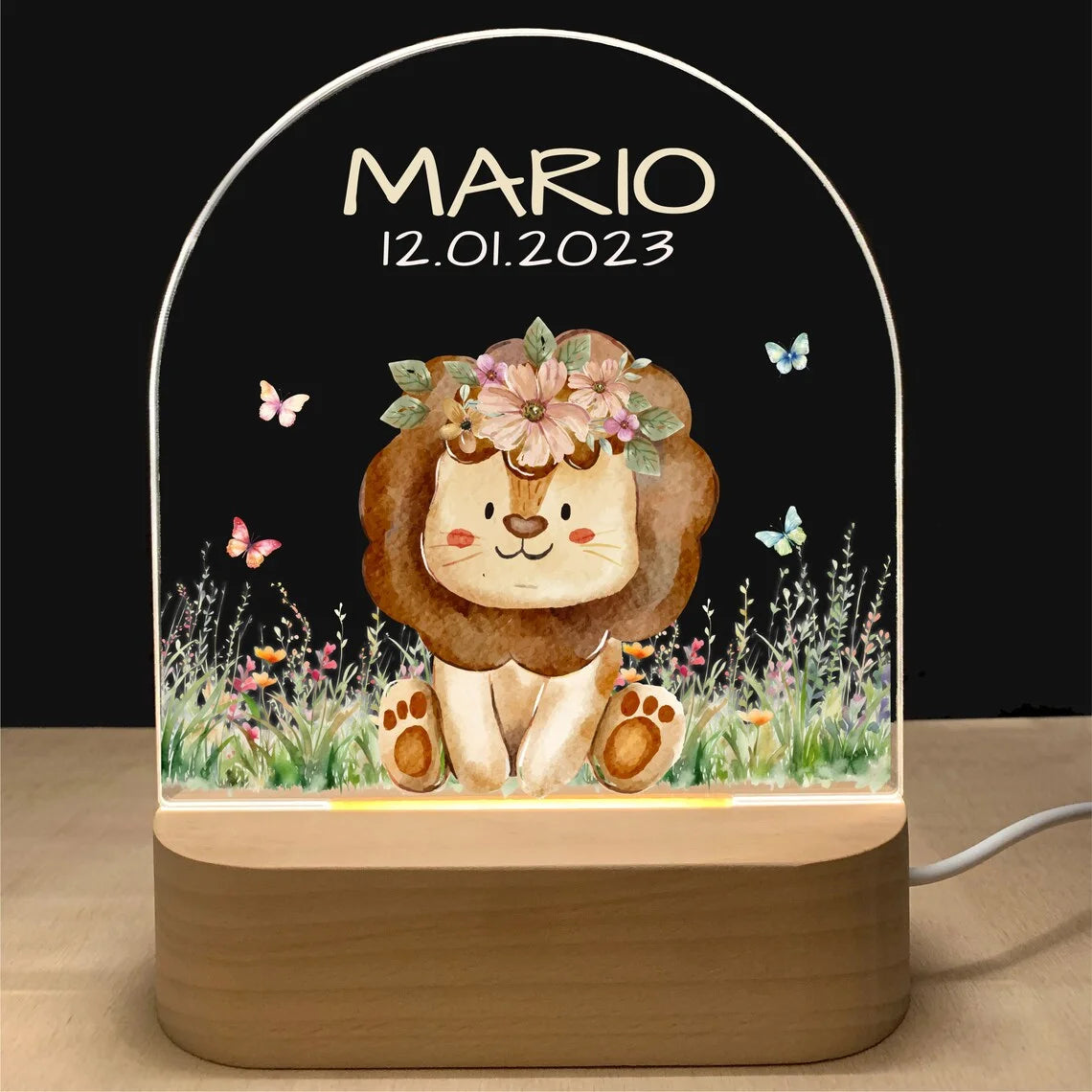 Personalisierbares Baby Nachtlicht mit USB & Holzbasis