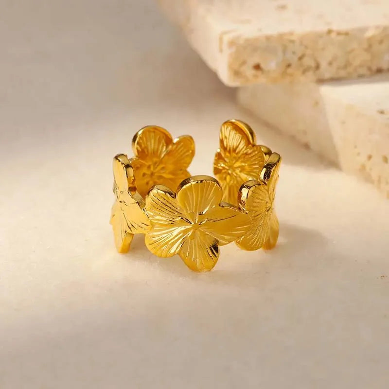 Elegante Edelstahl-Ringe mit großer Blüte für Frauen, 18 Karat Gold, PVD-beschichtet, offener Ring, Fingerschmuck, Hochzeit, ihr Geschenk, Punk
