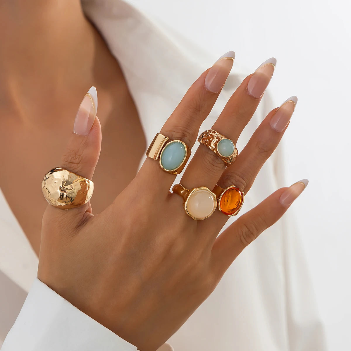 Ingemark 5 Teile/satz Retro Gold Farbe Unregelmäßigen Metall Ring für Frauen Böhmischen Offenen Einstellbar Breiten Ring Ästhetischen Y2K Schmuck Geschenk