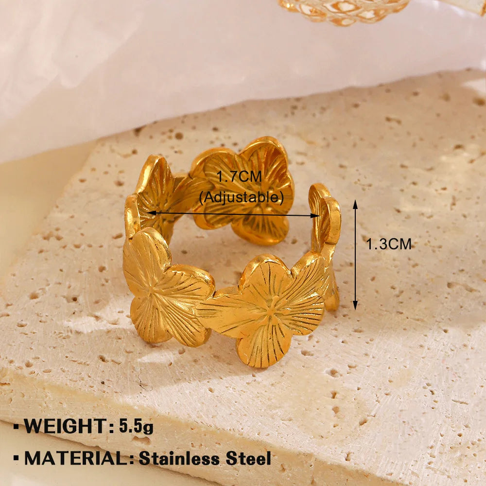Elegante Edelstahl-Ringe mit großer Blüte für Frauen, 18 Karat Gold, PVD-beschichtet, offener Ring, Fingerschmuck, Hochzeit, ihr Geschenk, Punk