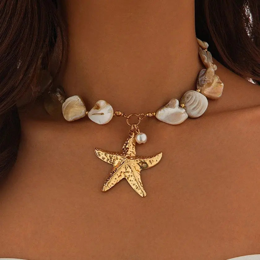 KunJoe Strand Große Goldfarbe Seestern Anhänger Halskette für Frauen Vintage Kurze Halsband Halskette Kragen Kette Schmuck am Hals