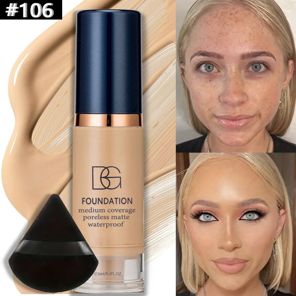 2 Stück wasserdichte flüssige Foundation mit vollständiger Abdeckung und schwarzer dreieckiger Puderquaste, langlebig, mattes Finish, dunkler Kreis und Blemish-Abdeckung