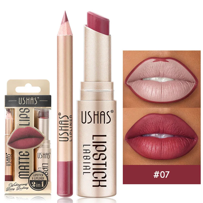 USHAS 12-Farben-Lipliner + Lippenstift-Set, leicht färbender, mattierter Lippenstift, langlebiger nackroter Lippenstift