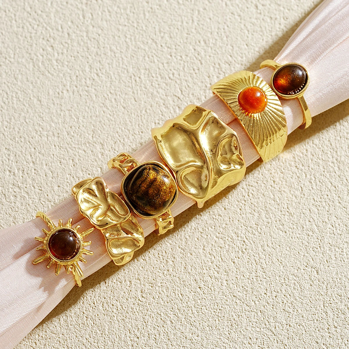 6 Teile/satz Vintage Sonne Blume Tigerauge Stein Ringe für Frauen Unregelmäßige Gold Farbe Ästhetischen Offene Ringe Mode Schmuck Geschenke 2025