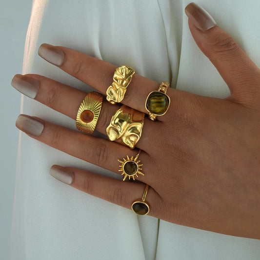 6 Teile/satz Vintage Sonne Blume Tigerauge Stein Ringe für Frauen Unregelmäßige Gold Farbe Ästhetischen Offene Ringe Mode Schmuck Geschenke 2025