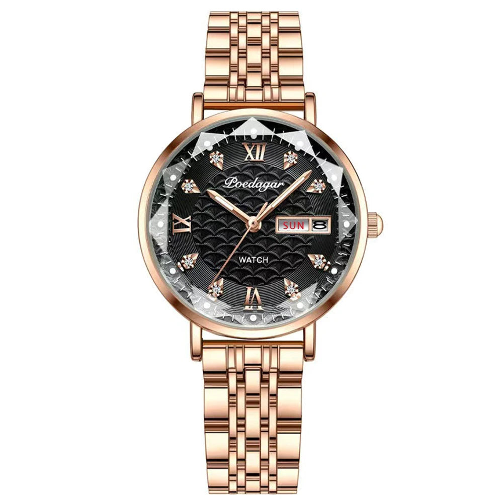 POEDAGAR Frauen Uhr Neue Mode Luxus Edelstahl Armbanduhr Armband Einfache Rose Gold Wasserdicht Leucht Damen Uhren