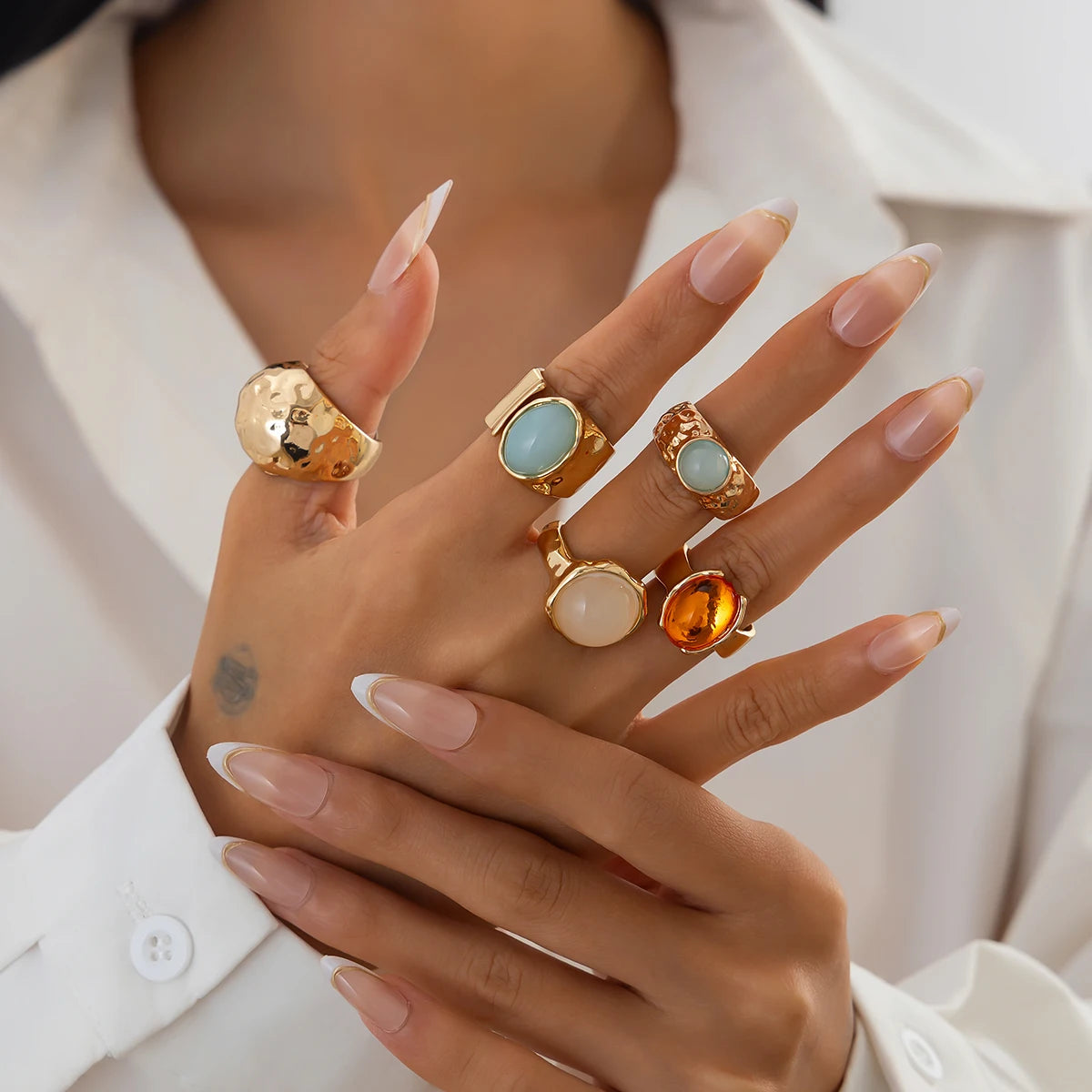 Ingemark 5 Teile/satz Retro Gold Farbe Unregelmäßigen Metall Ring für Frauen Böhmischen Offenen Einstellbar Breiten Ring Ästhetischen Y2K Schmuck Geschenk