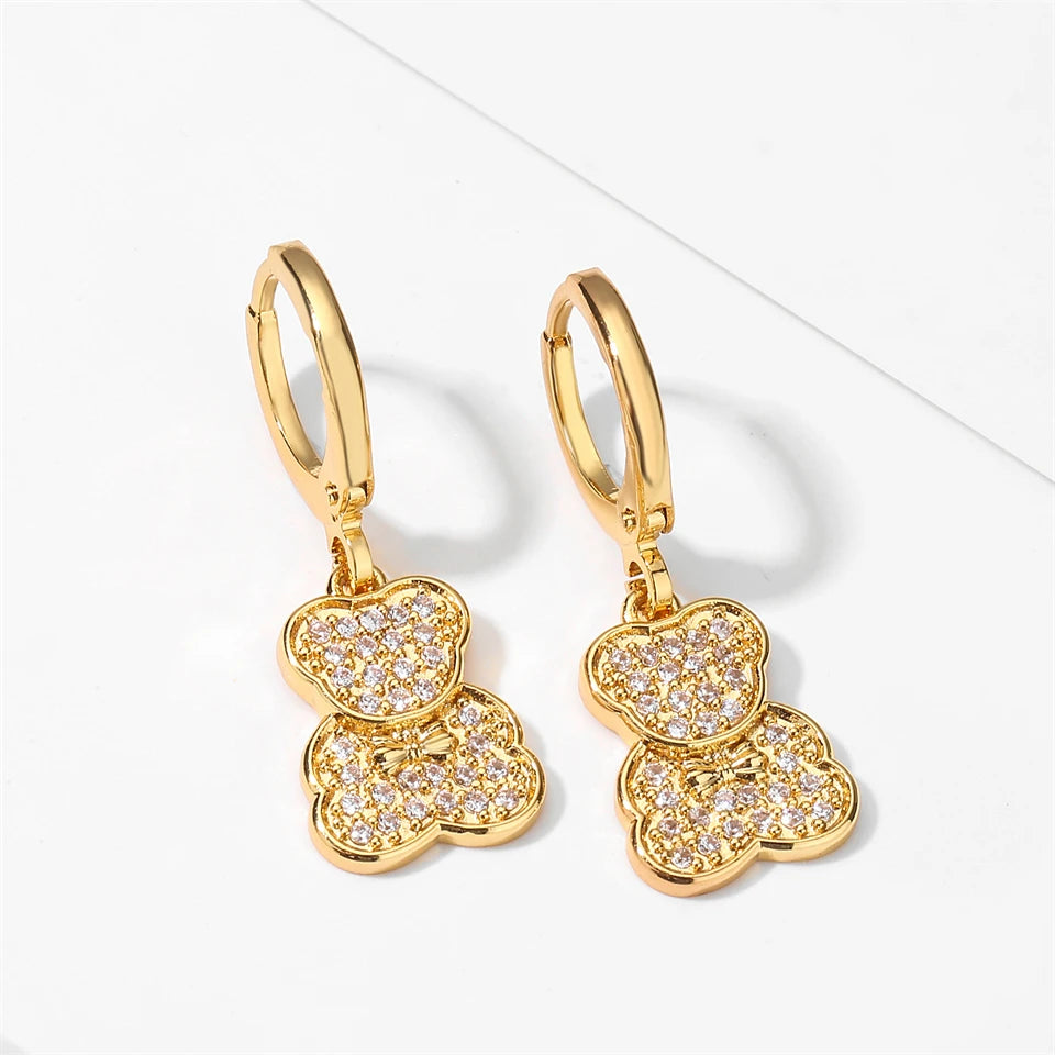 ZAKOL Glänzende Zirkon Teddybär Charm Tropfen Creolen für Frauen Mädchen Geometrische Chinesischen Stil Ohr Zubehör Schmuck Geschenk