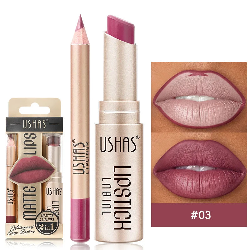 USHAS 12-Farben-Lipliner + Lippenstift-Set, leicht färbender, mattierter Lippenstift, langlebiger nackroter Lippenstift