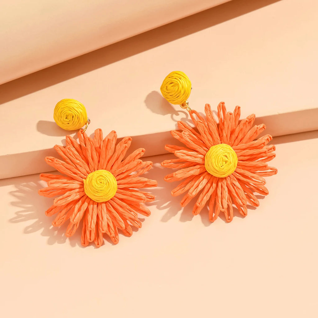 Bunte Sonnenblumen-Ohrringe für Frauen und Mädchen, handgefertigt, böhmische Rattan-Strickohrringe, Sommer-Party-Schmuck, Geschenke