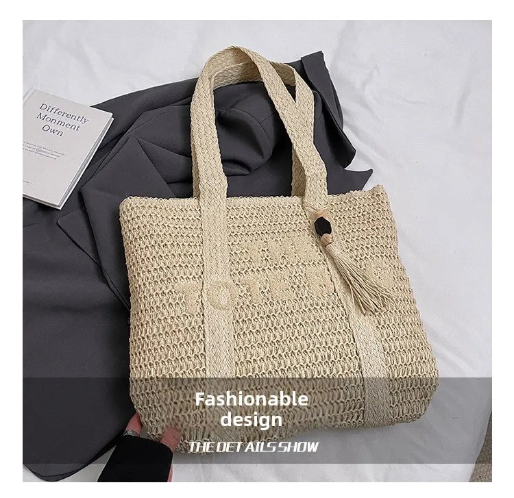 Französischer Stil, große Kapazität, gewebte Strohtasche für Damen, neue Strandurlaub-Umhängetasche, lässige Pendler-Einkaufstasche, Geldbörse