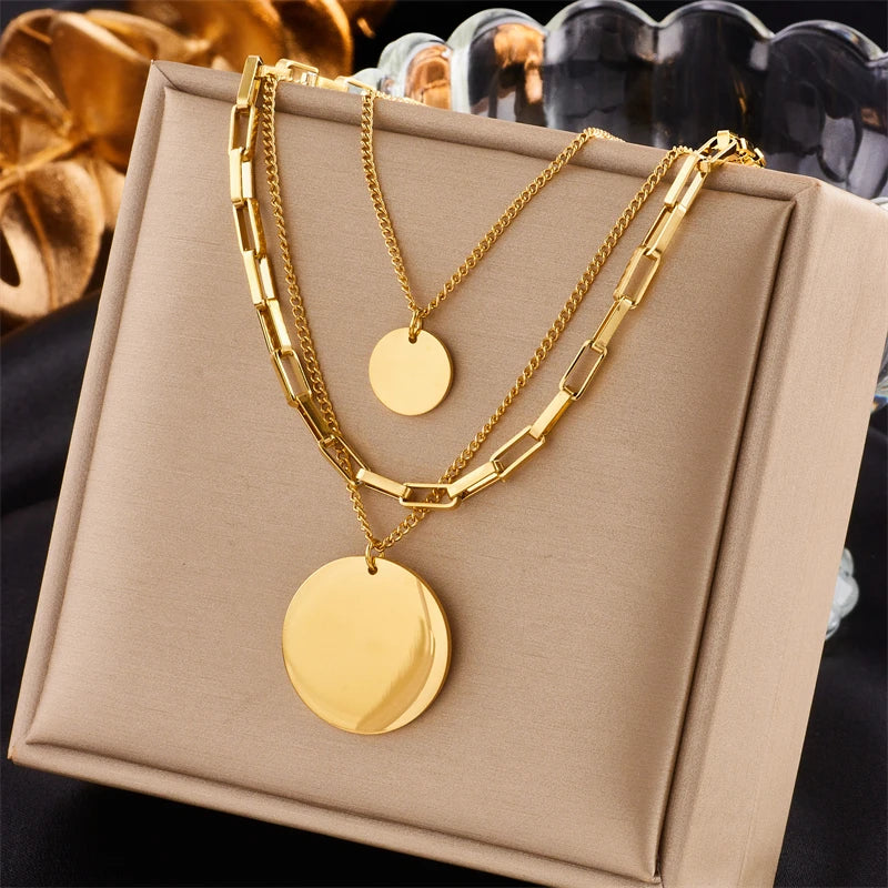 DIEYURO 316L Edelstahl Gold Farbe 3in1 Runde Anhänger Halskette Für Frauen Mode Mädchen Multilayer Kette Hals Schmuck Geschenk