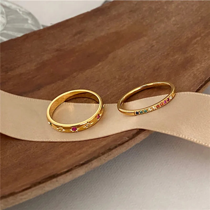 2 Teile/satz Edelstahl Regenbogen Farbe Kubikzircon Stein Finger Ringe für Frauen INS Gold Farbe Wasserdicht Sterne Ring Schmuck