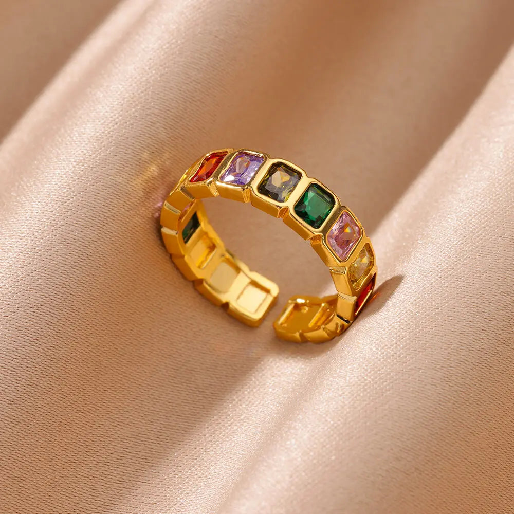 Bunte Zirkon Ringe Für Frauen Gold Farbe Edelstahl Farbige Zirkonia Ring Luxus Mode Hochzeit Schmuck Geschenk