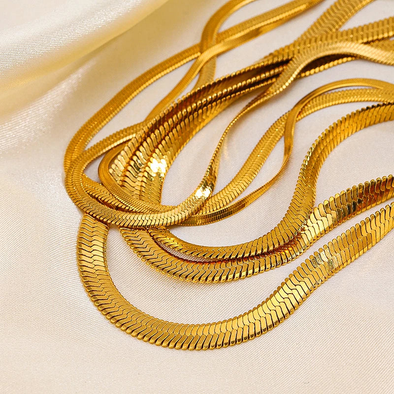 Heiße klassische Unisex flache Schlangenkette Halsband Halskette für Frauen Edelstahl Fischgrätenmuster Gold Silber Farbe Modeschmuck Geschenk