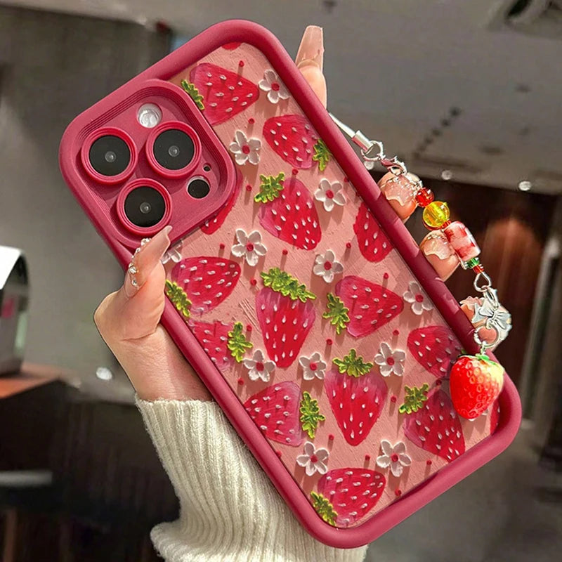 Blume Erdbeere Malerei Anhänger Kette Telefon Fall für iPhone 17 16 15 14 13 12 11 Pro Max 16E XS X XR 7 8 Plus Silikon Abdeckung