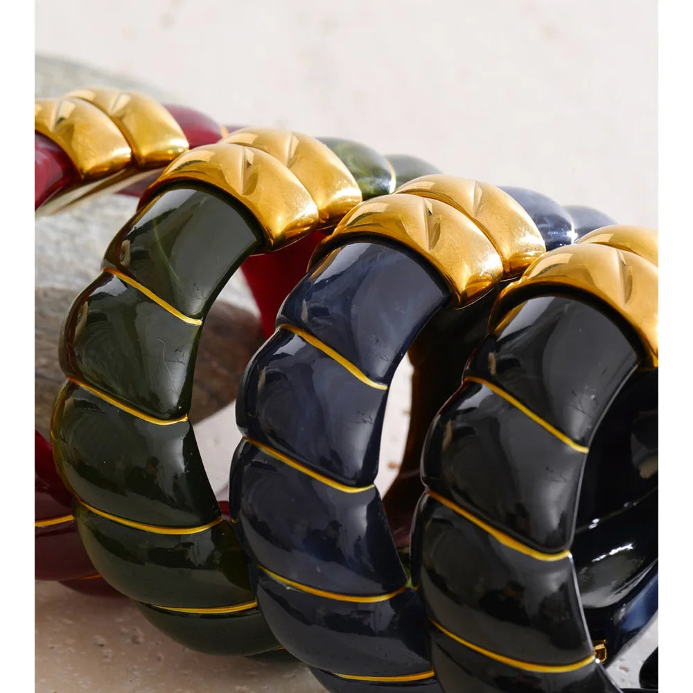 Yhpup Exklusives mehrfarbiges Acrylharz, breites Statement-Armband, Armreif, Edelstahl, Herbst-Winter-Pullover, Handgelenkschmuck