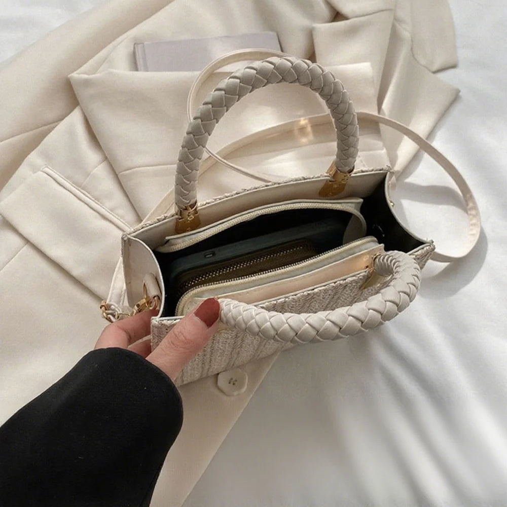 Modische, minimalistische, gewebte Handtasche, einfarbige Umhängetasche aus Strohgeflecht, vielseitige, lässige kleine quadratische Tasche