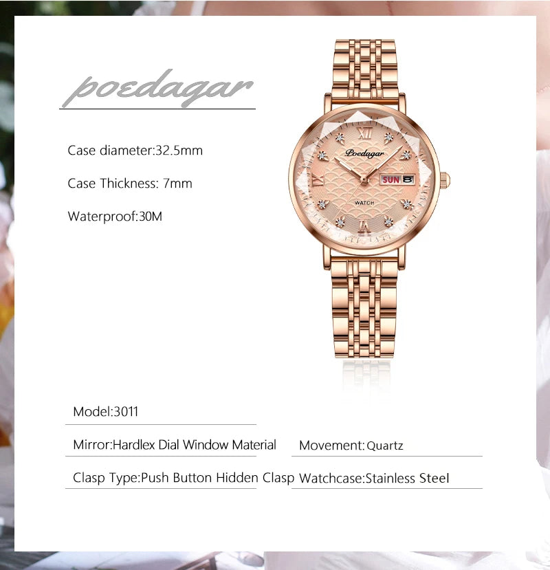 POEDAGAR Frauen Uhr Neue Mode Luxus Edelstahl Armbanduhr Armband Einfache Rose Gold Wasserdicht Leucht Damen Uhren