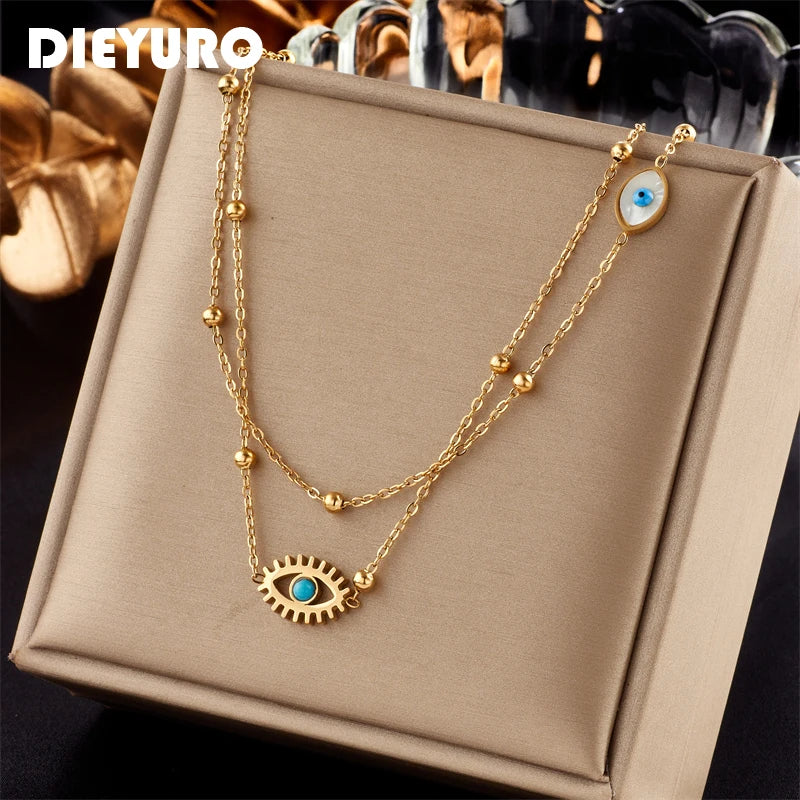 DIEYURO 316L Edelstahl Multilayer 2in1 Auge Anhänger Halskette Für Frauen Neue Mädchen Schlüsselbein Ketten Schmuck Geburtstag Geschenke