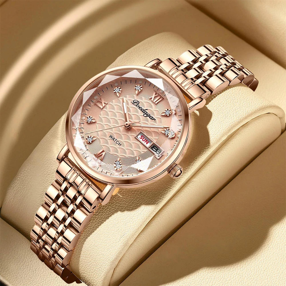 POEDAGAR Frauen Uhr Neue Mode Luxus Edelstahl Armbanduhr Armband Einfache Rose Gold Wasserdicht Leucht Damen Uhren