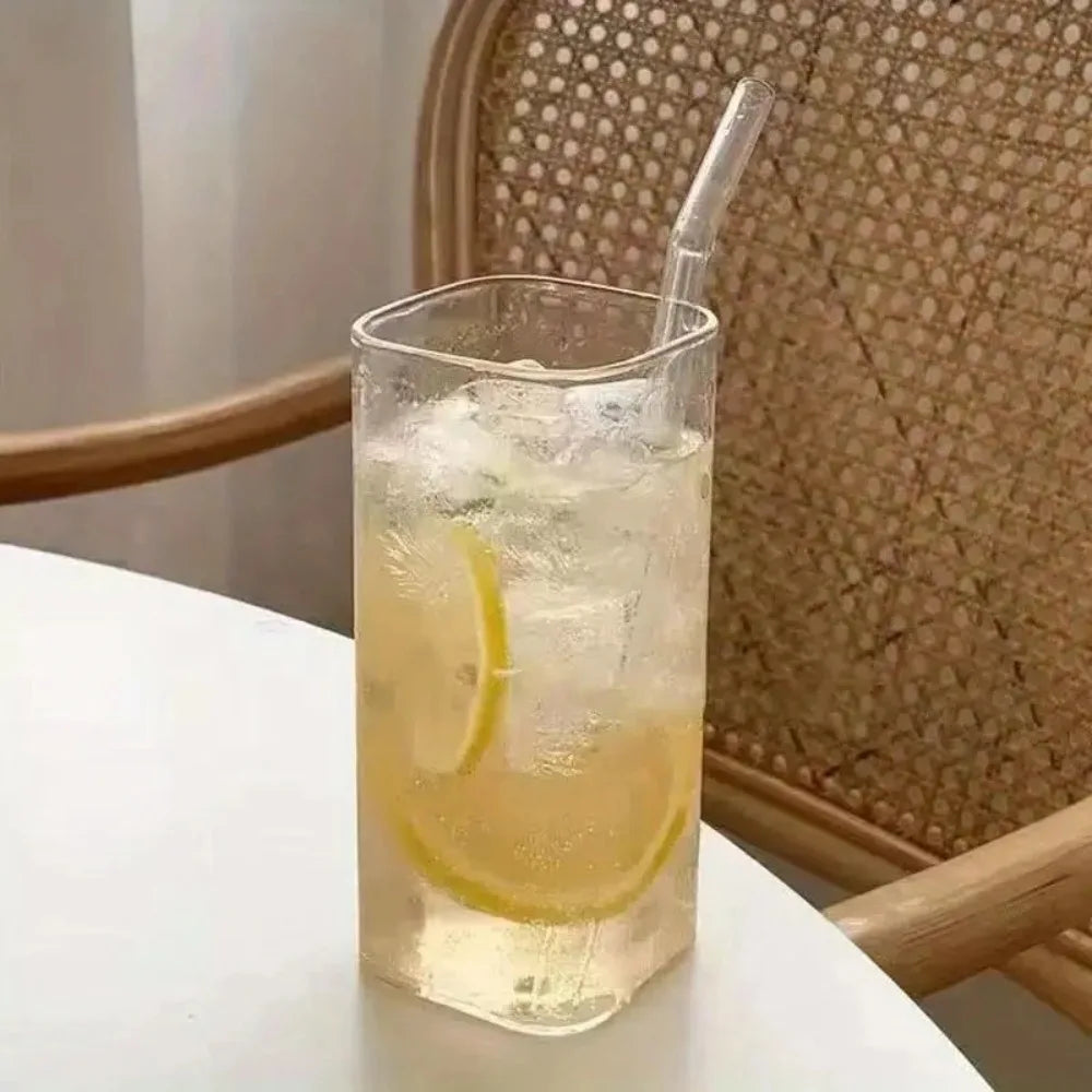 Quadratische Glas-Kaffeetasse | Mit Deckel & Strohhalm für Kaffee, Milch, Saft & Cocktails