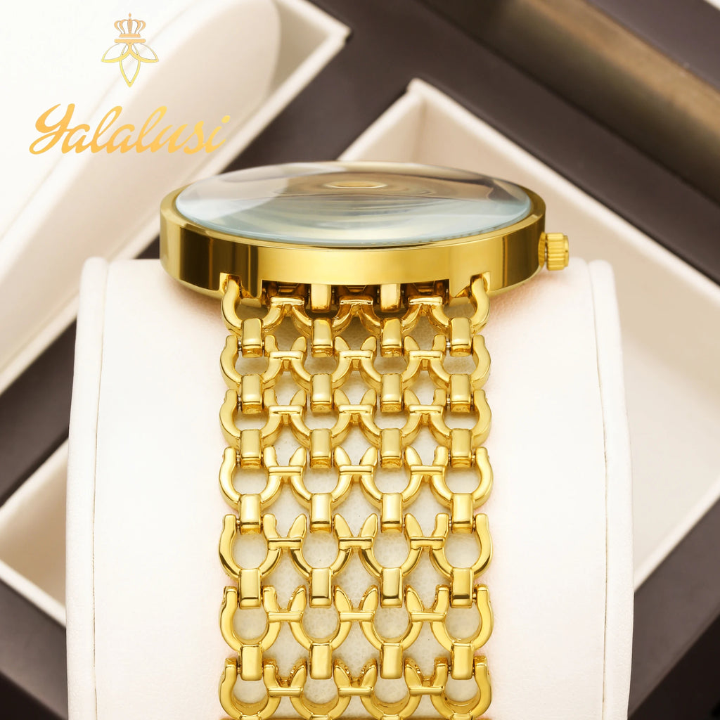 YaLaLuSi Damen-Quarzuhr Gold Luxus-Aktion Skelett-Armband-Design Box-Uhr Vergoldet