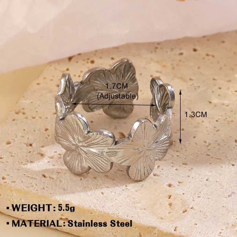 Elegante Edelstahl-Ringe mit großer Blüte für Frauen, 18 Karat Gold, PVD-beschichtet, offener Ring, Fingerschmuck, Hochzeit, ihr Geschenk, Punk