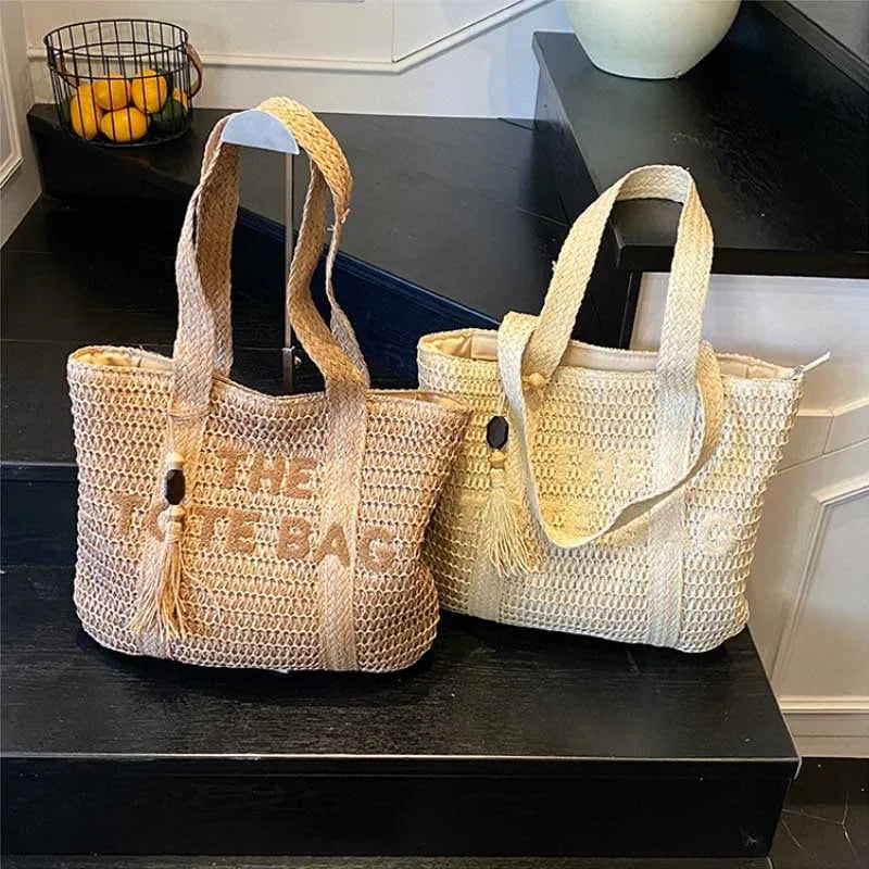 Französischer Stil, große Kapazität, gewebte Strohtasche für Damen, neue Strandurlaub-Umhängetasche, lässige Pendler-Einkaufstasche, Geldbörse