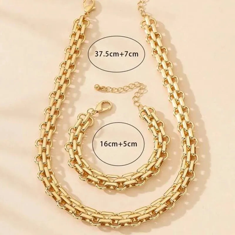 2-teiliges Set Goldfarbene Gliederkette Halskette Armband Set Punk-Armband Große Gliederkette Dubai Afrika Party Schmuckset Geschenk für Frauen