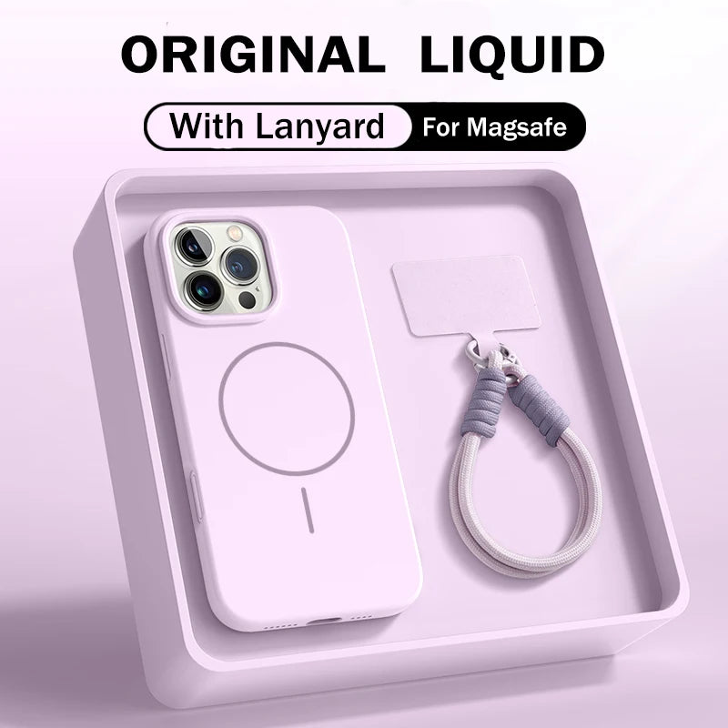 Offizielle Flüssigsilikon-Lanyard-Schutzhülle für iPhone 17, Air 16, 16E, 14, 15 Plus 12, 13, 11 Pro Max, für Magsafe Magneitc Soft Cover