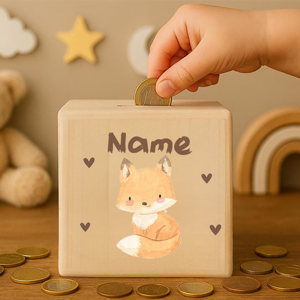 **Personalisierte Spardose aus Holz mit Namen – Klassische rechteckige Design-Sparbox aus Kiefernholz, Geschenk zur Taufe, Kommunion